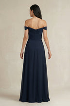 Navy Blue Chiffon A-Line Bridesmaid Dress with Off The Shoulder Neckline and Pleated Detail