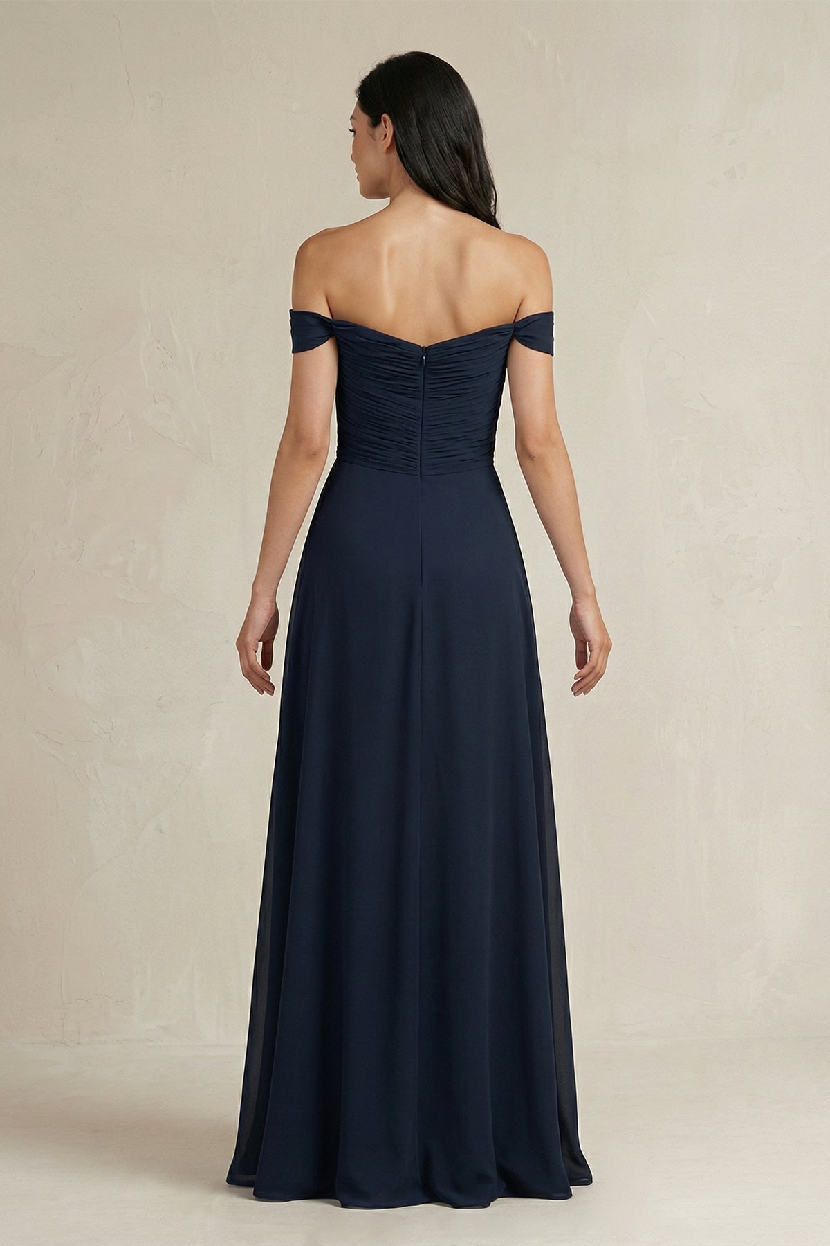Navy Blue Chiffon A-Line Bridesmaid Dress with Off The Shoulder Neckline and Pleated Detail