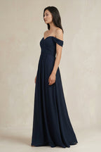 Navy Blue Chiffon A-Line Bridesmaid Dress with Off The Shoulder Neckline and Pleated Detail