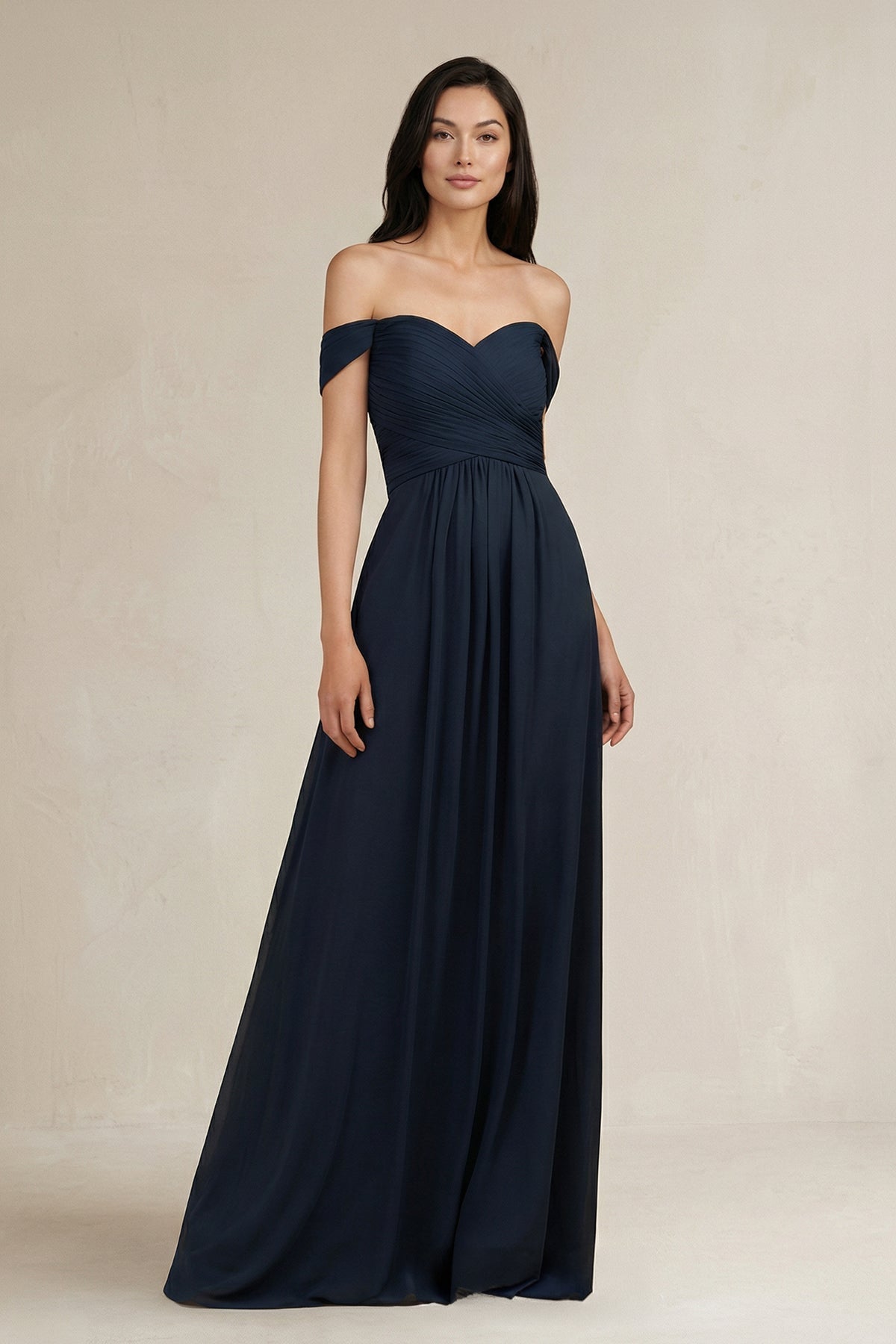 Navy Blue Chiffon A-Line Bridesmaid Dress with Off The Shoulder Neckline and Pleated Detail