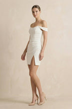 Diamond White Satin A-Line Wedding Dress with Off The Shoulder Neckline and Slit