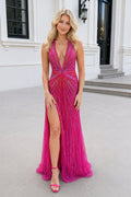 Amabel fuchsia front view prom dress