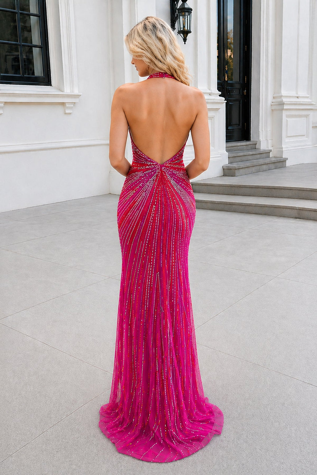 Amabel fuchsia back view prom dress