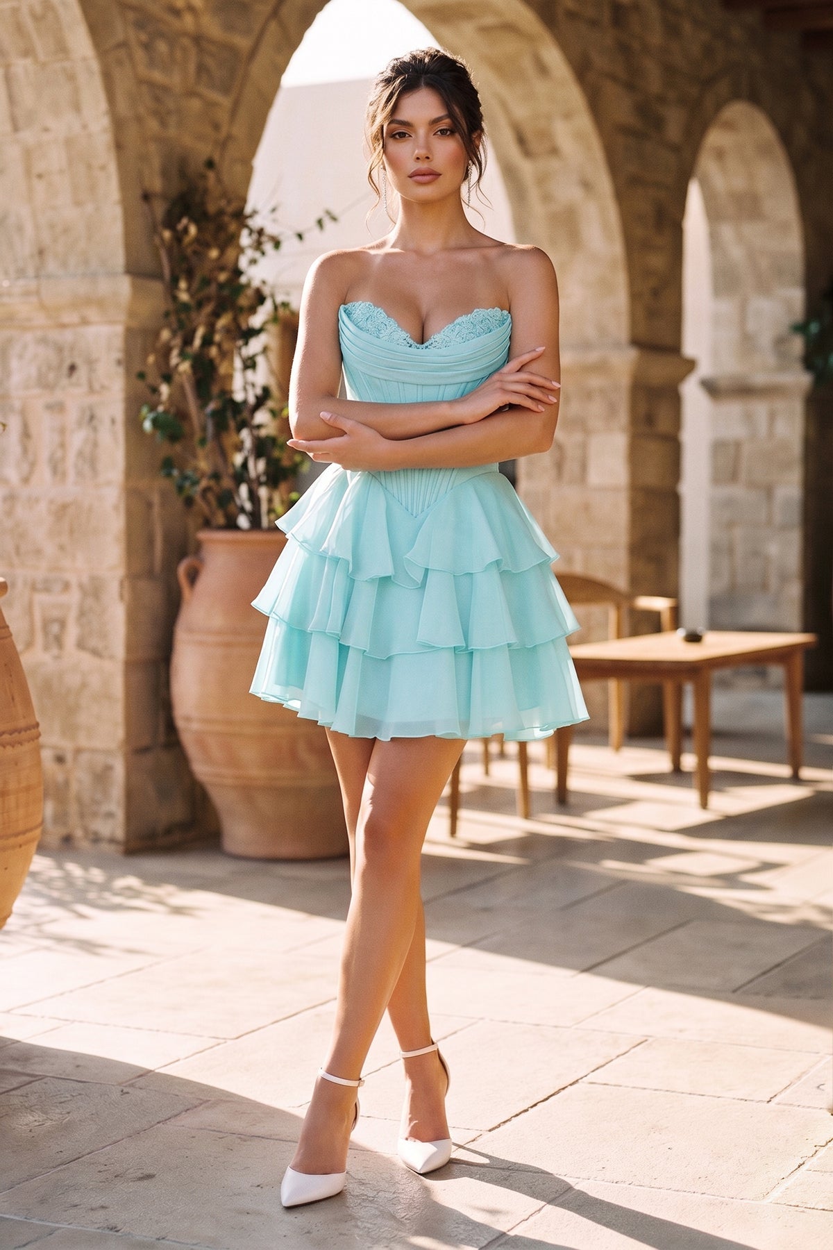 Blush A-Line Sweetheart Corset Ruffle Homecoming Dresses With Applique
