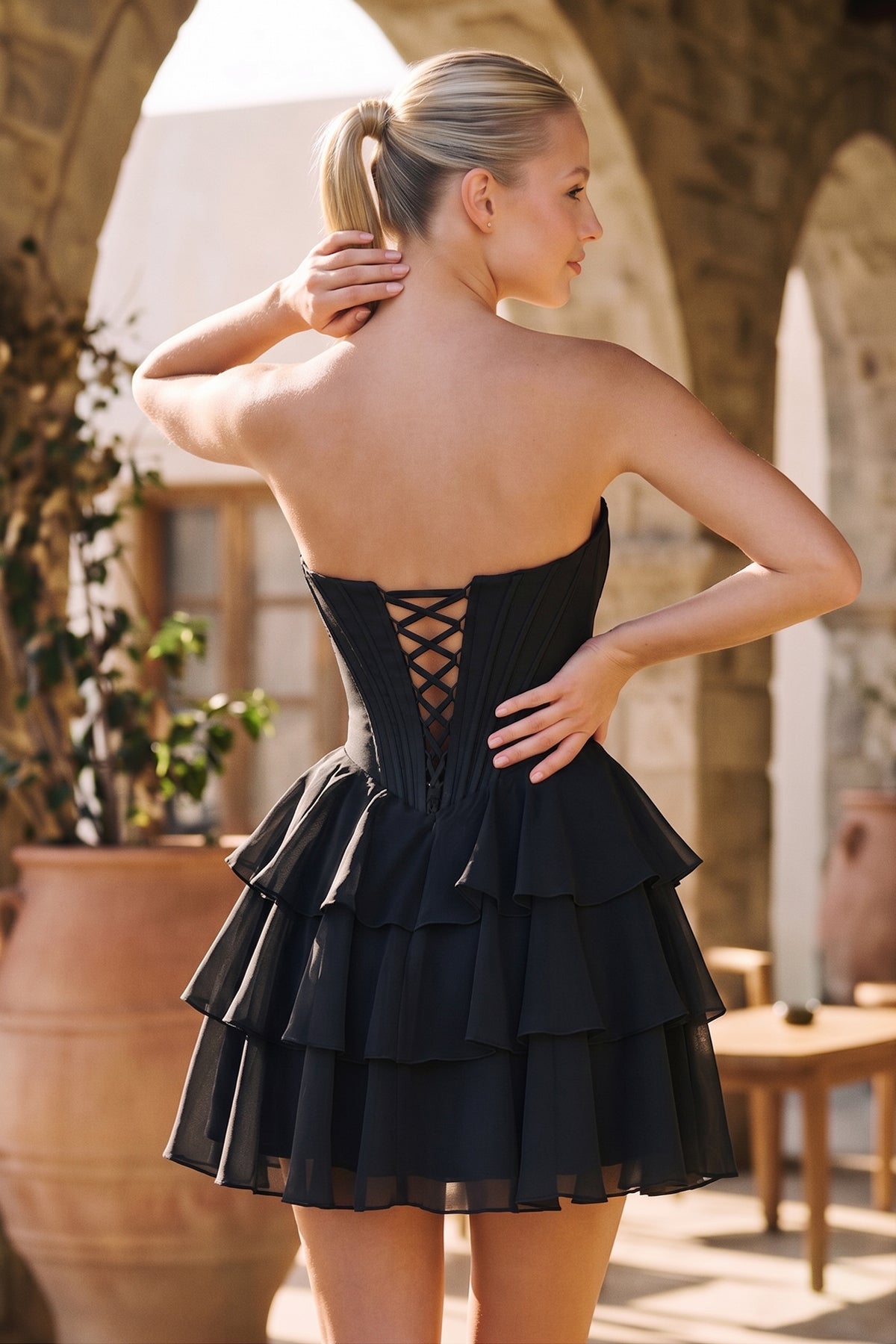 Blush A-Line Sweetheart Corset Ruffle Homecoming Dresses With Applique