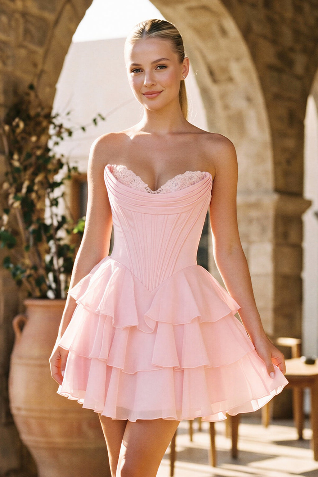 Blush A-Line Sweetheart Corset Ruffle Homecoming Dresses With Applique