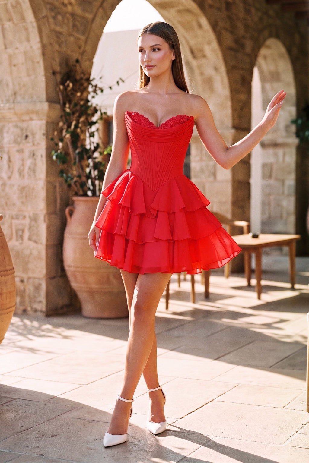 Blush A-Line Sweetheart Corset Ruffle Homecoming Dresses With Applique