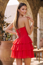 Blush A-Line Sweetheart Corset Ruffle Homecoming Dresses With Applique