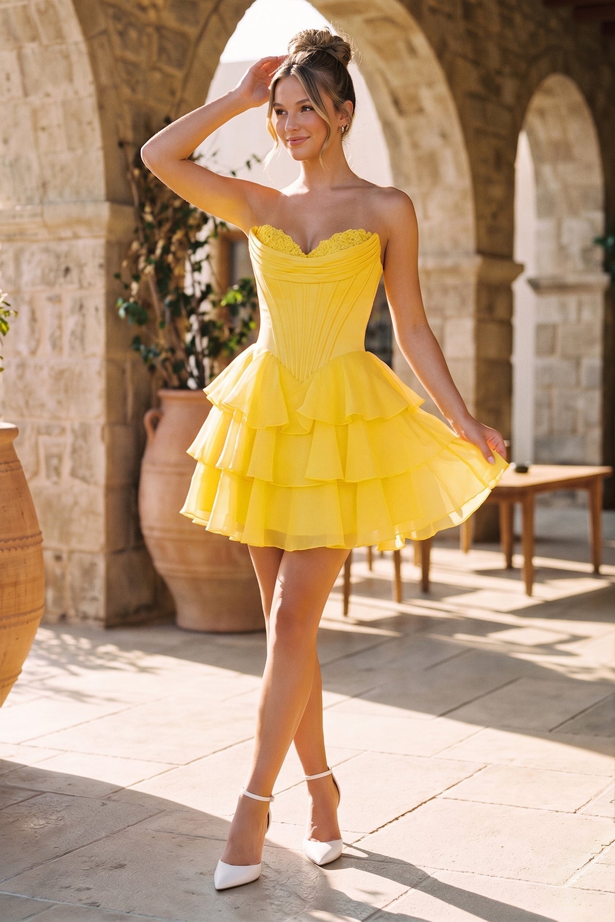 Blush A-Line Sweetheart Corset Ruffle Homecoming Dresses With Applique