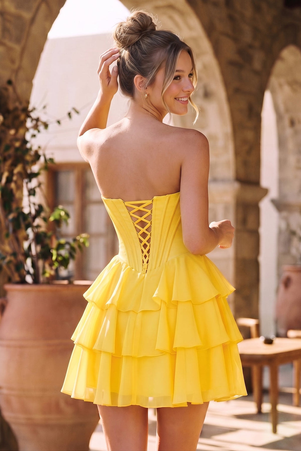 Blush A-Line Sweetheart Corset Ruffle Homecoming Dresses With Applique