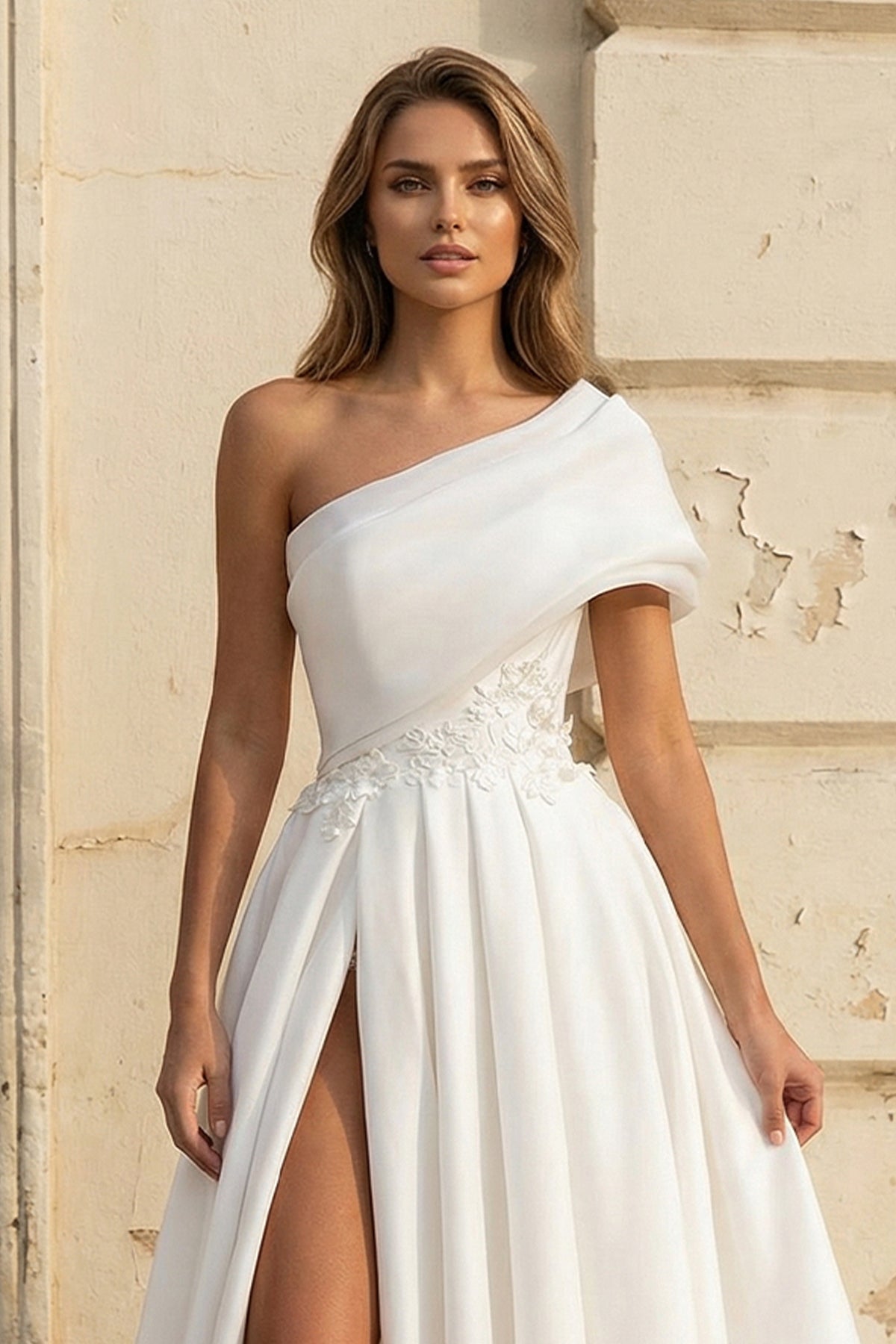 Diamond White Lace A-Line Wedding Dress with One Shoulder Neckline and Appliques