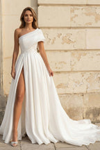 Diamond White Lace A-Line Wedding Dress with One Shoulder Neckline and Appliques