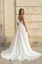 Diamond White Lace A-Line Wedding Dress with One Shoulder Neckline and Appliques