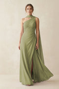 Moss Green Chiffon Sheath Bridesmaid Dress with One Shoulder Neckline