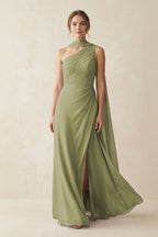 Moss Green Chiffon Sheath Bridesmaid Dress with One Shoulder Neckline
