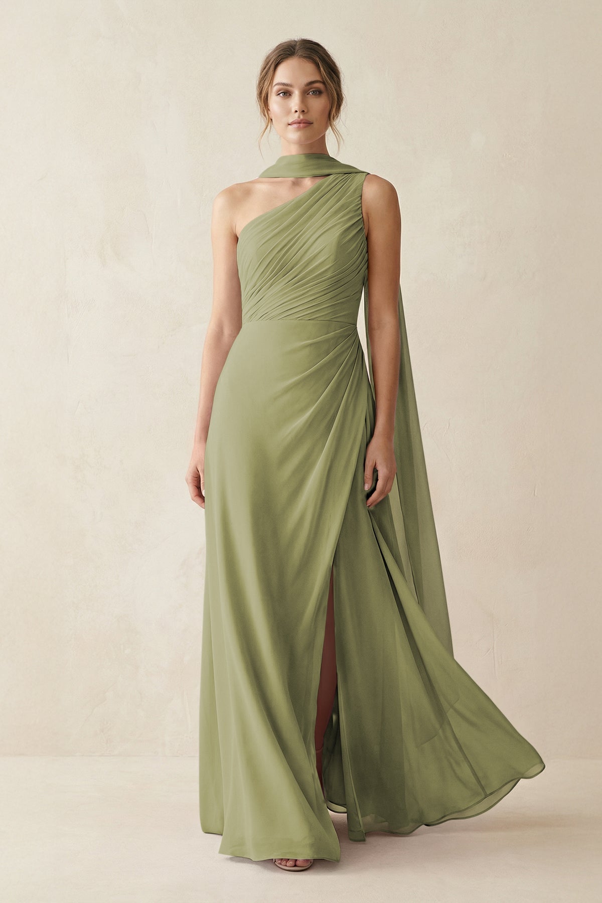 Moss Green Chiffon Sheath Bridesmaid Dress with One Shoulder Neckline