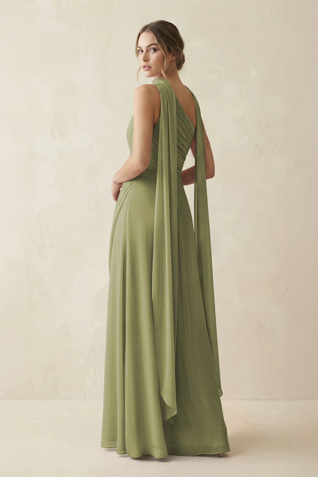 Moss Green Chiffon Sheath Bridesmaid Dress with One Shoulder Neckline