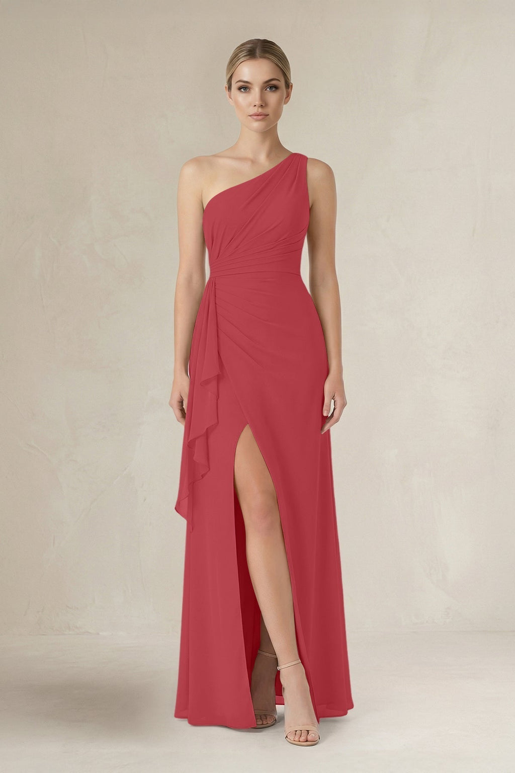 As Picture Chiffon Sheath Bridesmaid Dress with One Shoulder Neckline and Ruffles