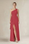 As Picture Chiffon Sheath Bridesmaid Dress with One Shoulder Neckline and Ruffles