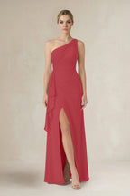 As Picture Chiffon Sheath Bridesmaid Dress with One Shoulder Neckline and Ruffles