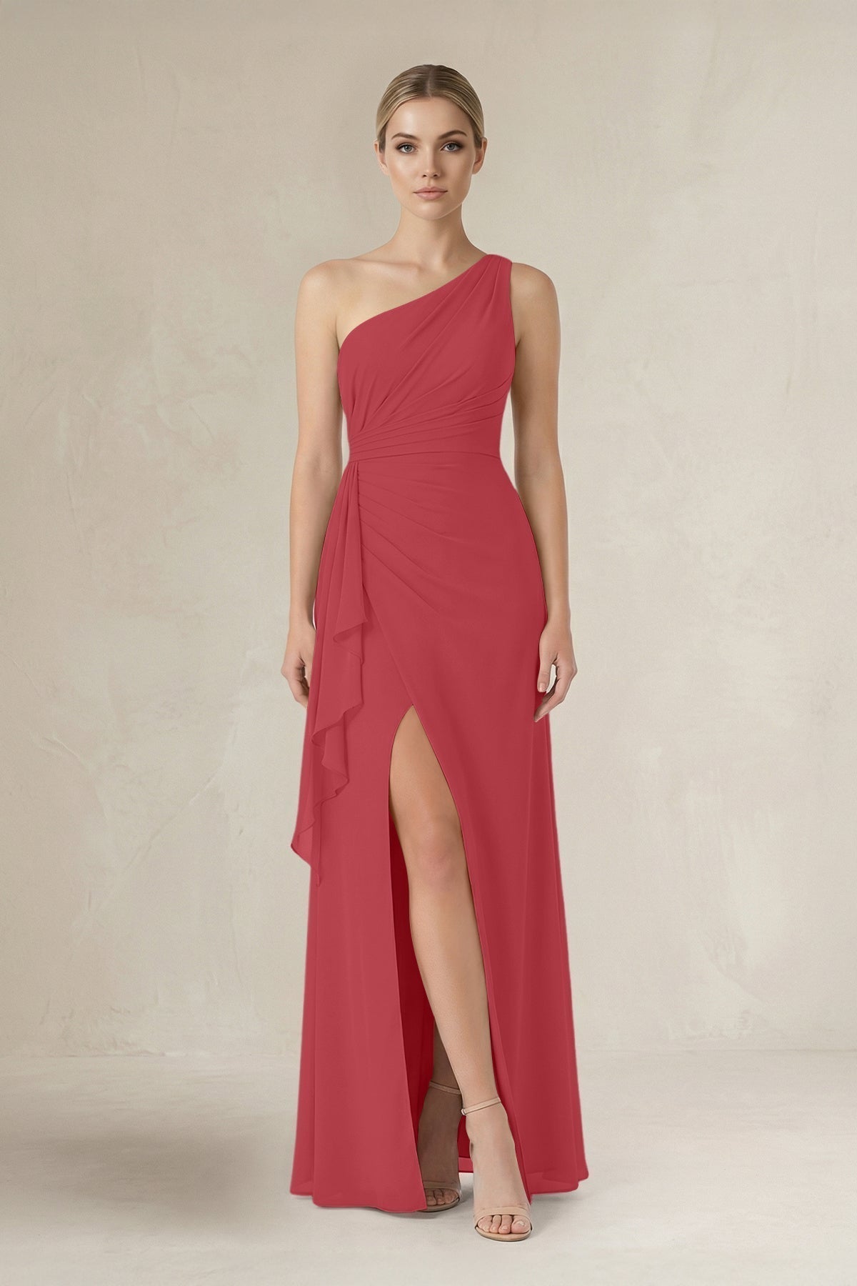 As Picture Chiffon Sheath Bridesmaid Dress with One Shoulder Neckline and Ruffles