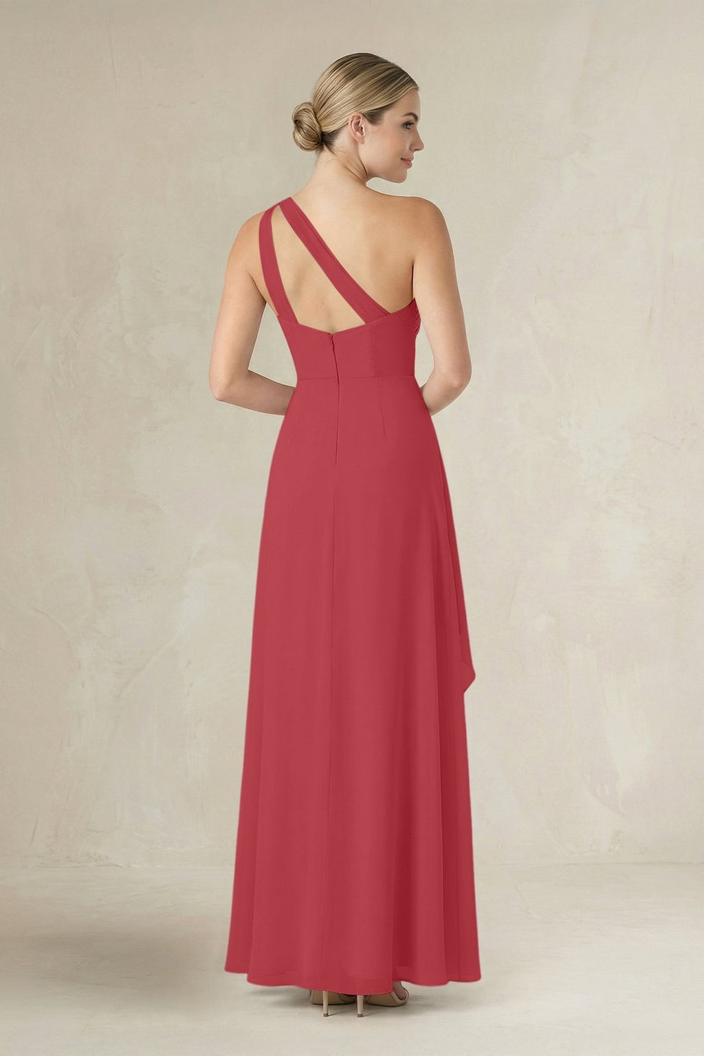 As Picture Chiffon Sheath Bridesmaid Dress with One Shoulder Neckline and Ruffles