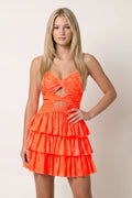 Royal Blue A Line Sweetheart Satin Cut Out Ruffled Homecoming Dresses with Beads