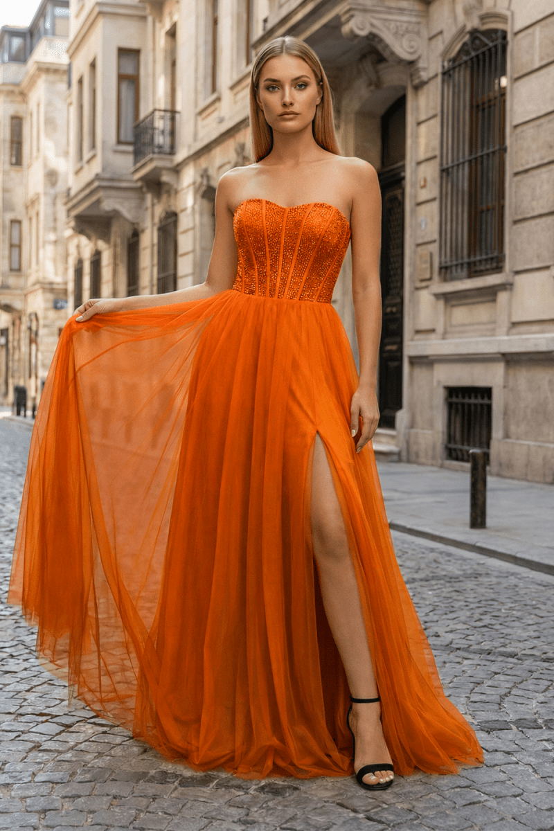 Zephyra Orange front view prom dress