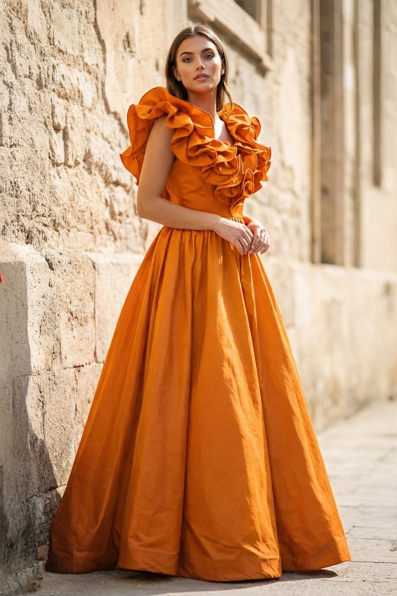 Kallista Orange front view prom dress