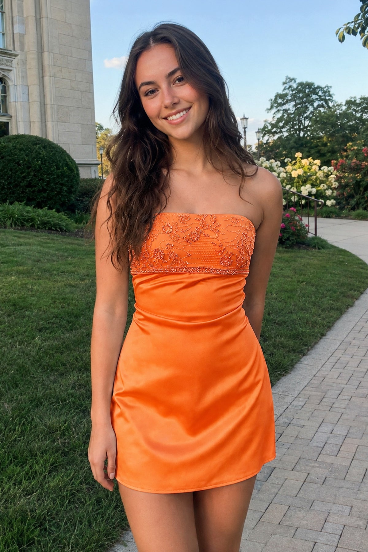 Serena Orange front view homecoming dress
