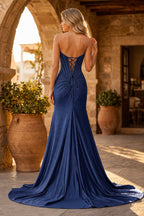 Nadira navy blue back view prom dress