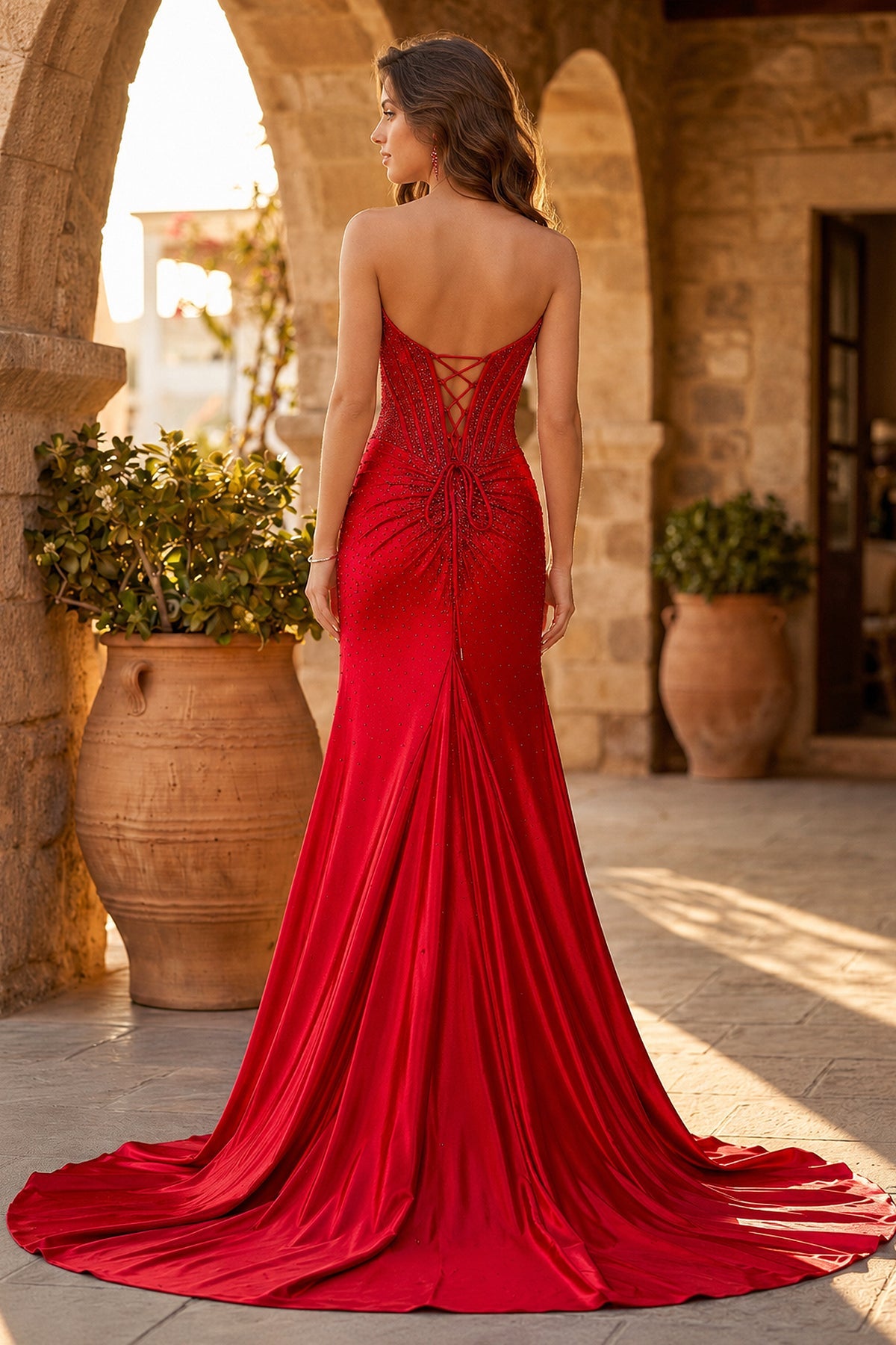 Nadira red back view prom dress