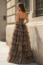 Leopard Sweetheart A Line Chiffon Ruffled Long Formal Prom Gown With Appliques
