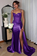 Silver Spaghetti Straps Mermaid Appliqued Formal Prom Gown With Split
