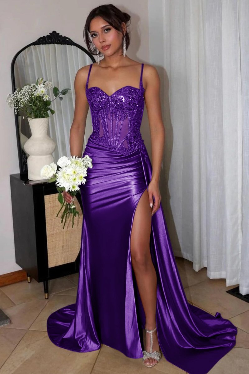 Silver Spaghetti Straps Mermaid Appliqued Formal Prom Gown With Split