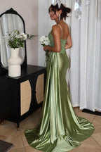 Silver Spaghetti Straps Mermaid Appliqued Formal Prom Gown With Split