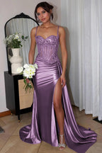 Silver Spaghetti Straps Mermaid Appliqued Formal Prom Gown With Split