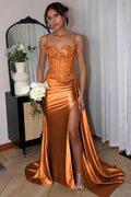 Silver Spaghetti Straps Mermaid Appliqued Formal Prom Gown With Split