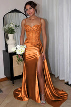 Silver Spaghetti Straps Mermaid Appliqued Formal Prom Gown With Split