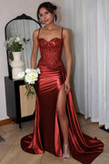 Silver Spaghetti Straps Mermaid Appliqued Formal Prom Gown With Split