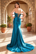 Fuchsia Satin Mermaid Evening Dress with Strapless Neckline and Beading