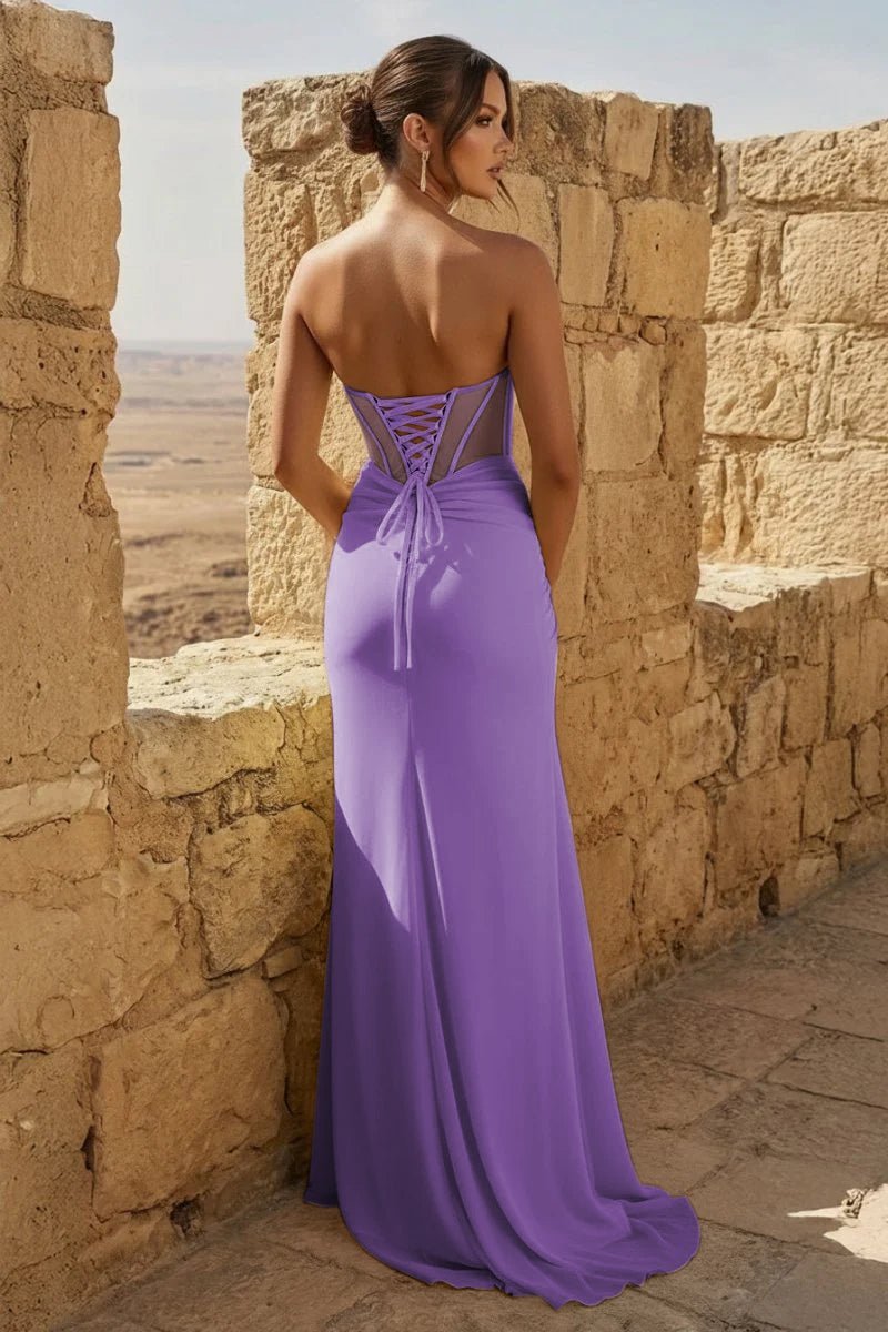 Yellow Sweetheart Sheath Pleated Long Formal Prom Gown With Slit