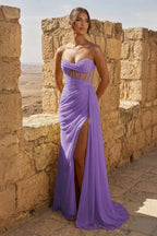 Yellow Sweetheart Sheath Pleated Long Formal Prom Gown With Slit
