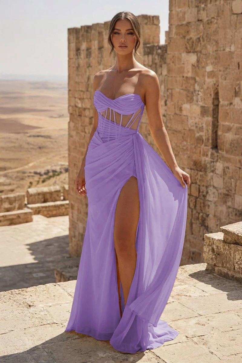 Yellow Sweetheart Sheath Pleated Long Formal Prom Gown With Slit
