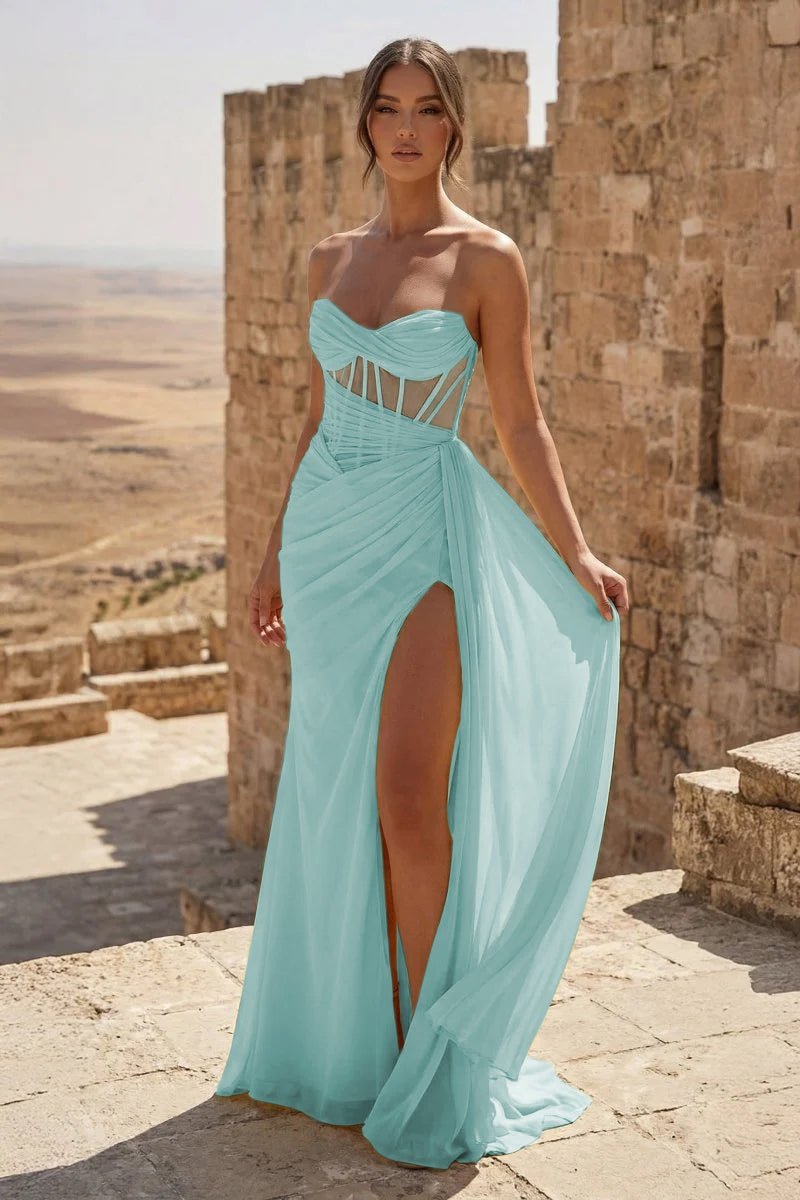 Yellow Sweetheart Sheath Pleated Long Formal Prom Gown With Slit