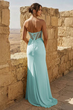 Yellow Sweetheart Sheath Pleated Long Formal Prom Gown With Slit