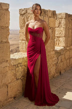 Yellow Sweetheart Sheath Pleated Long Formal Prom Gown With Slit