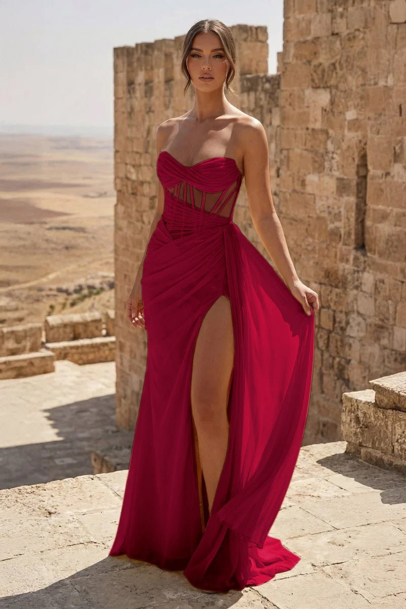 Yellow Sweetheart Sheath Pleated Long Formal Prom Gown With Slit