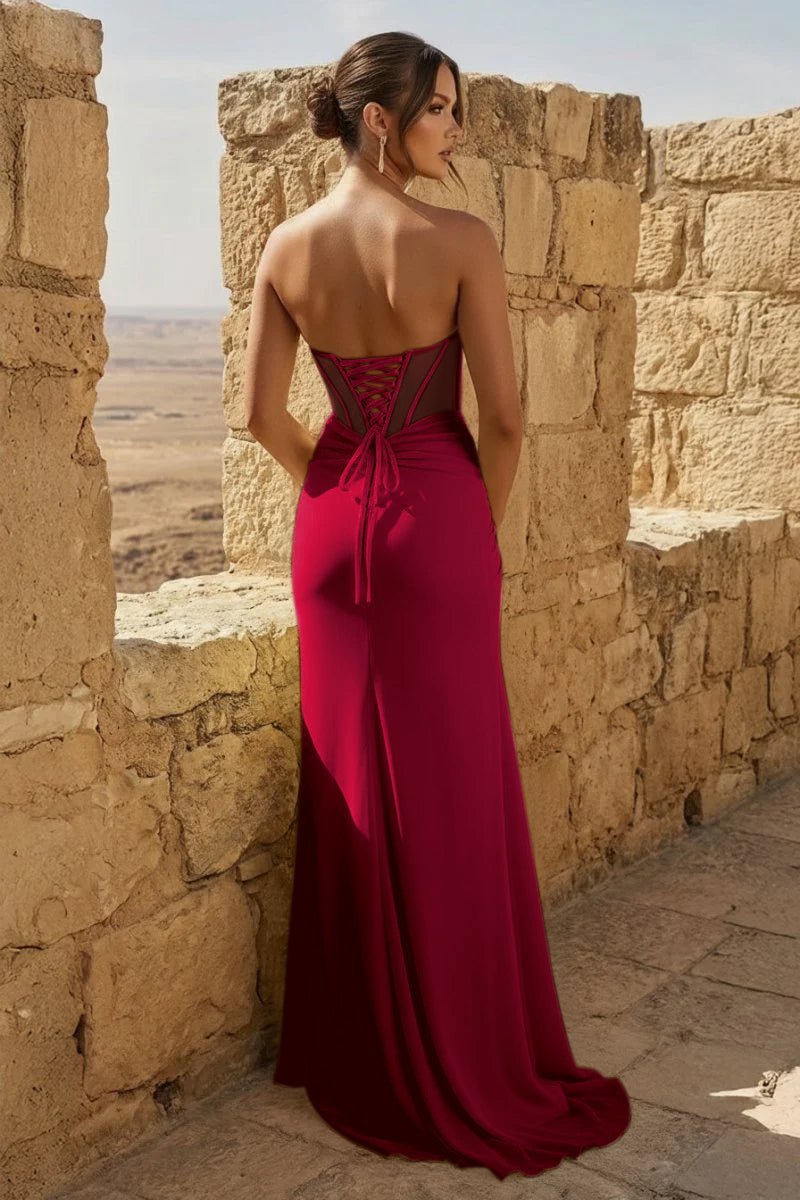 Yellow Sweetheart Sheath Pleated Long Formal Prom Gown With Slit