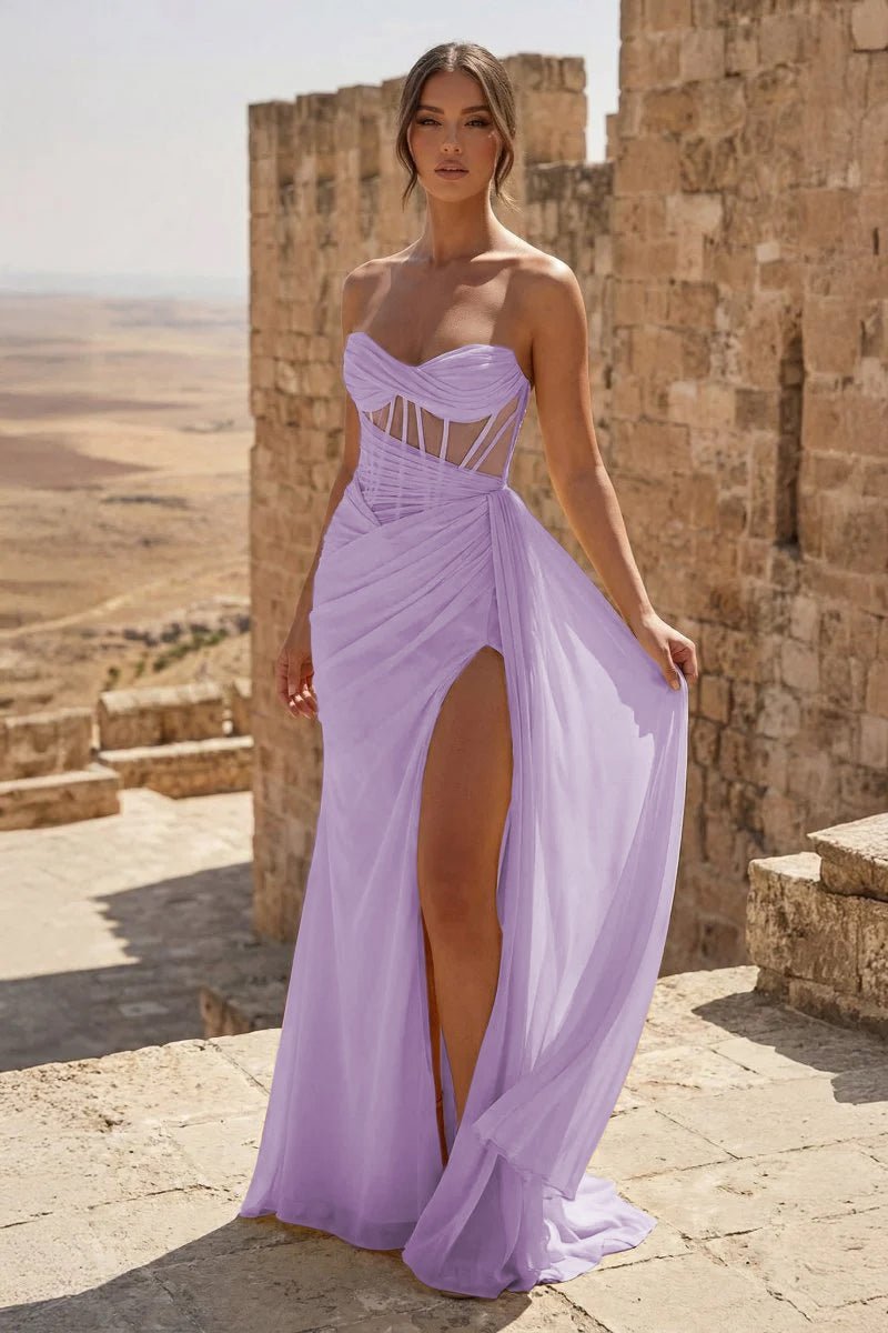 Yellow Sweetheart Sheath Pleated Long Formal Prom Gown With Slit